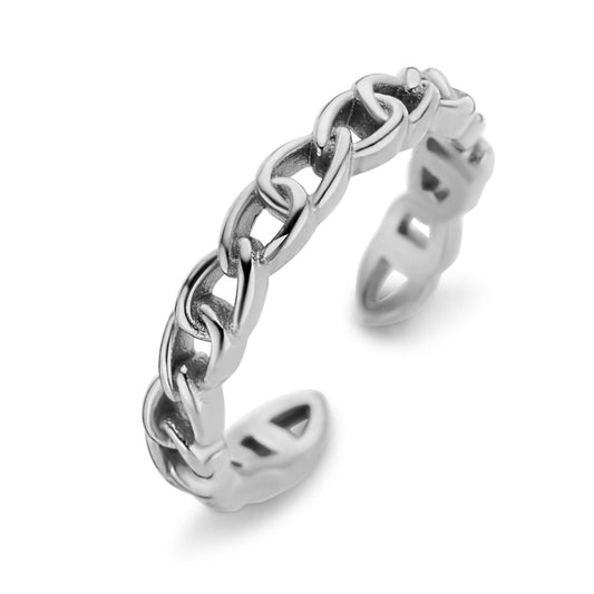 Zilverkleurige CO88 Collection ring met elegante schakels, zijaanzicht.