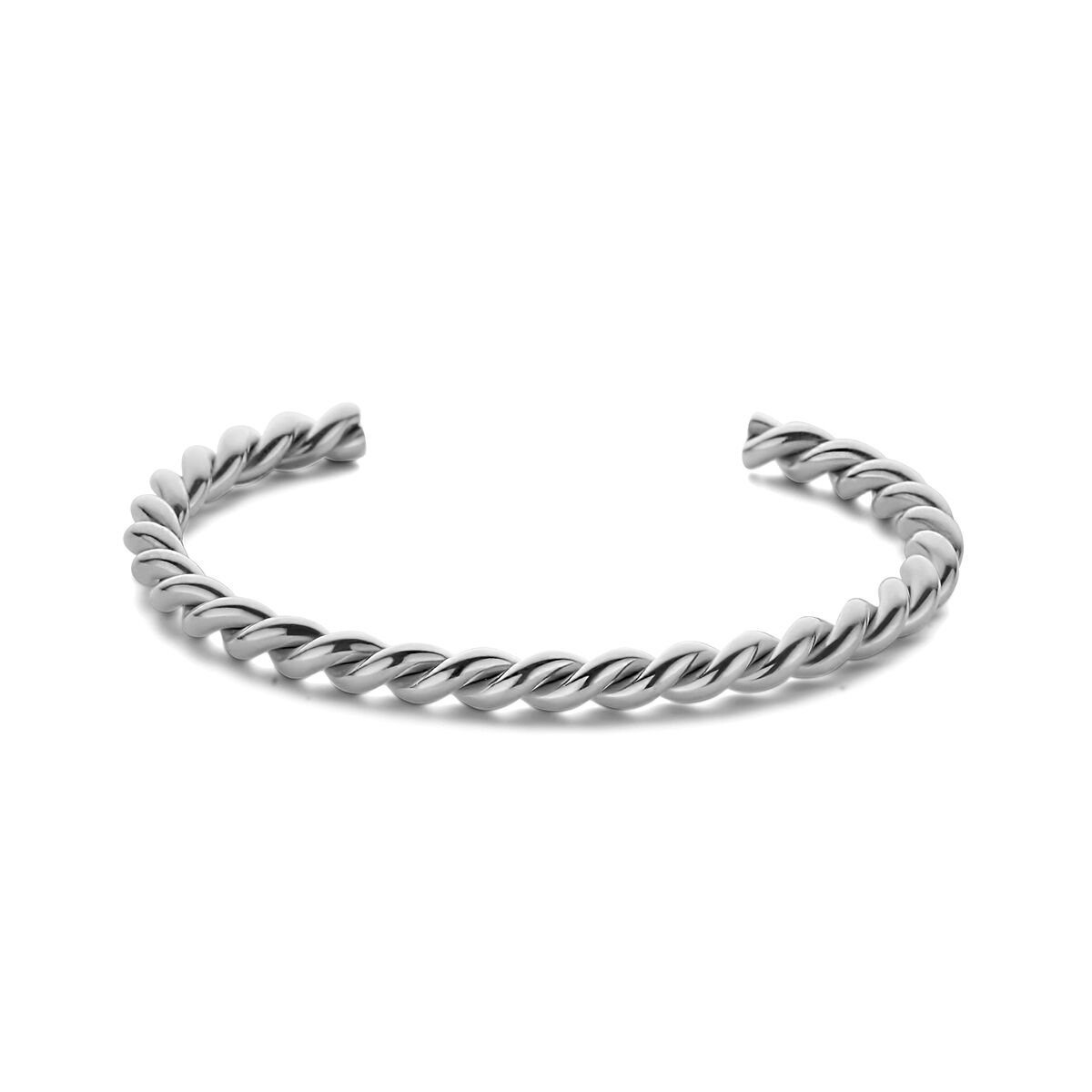 Zilverkleurige CO88 Collection armband met gedraaid ontwerp, zijaanzicht.