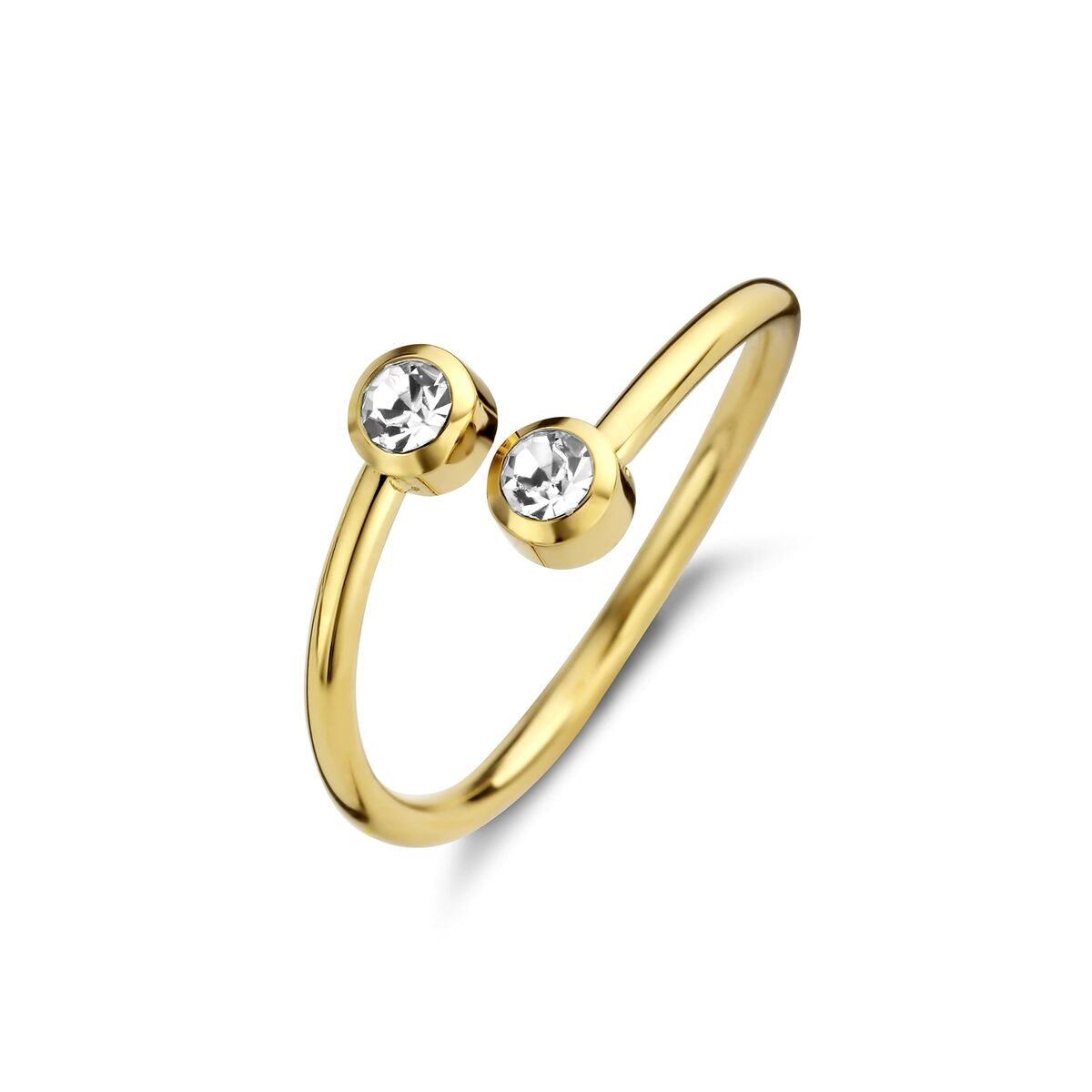 Detail van de CO88 Collection gouden ring met twee sprankelende stenen.