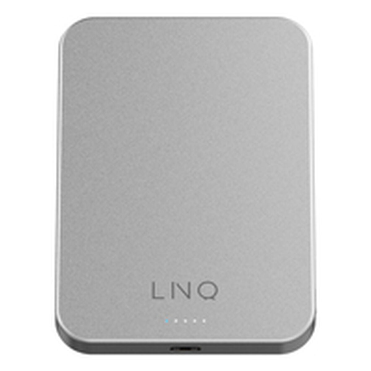 Zilverkleurige Linq Byelements Powerbank 5000 mAh, bovenaanzicht met indicatorlampjes.