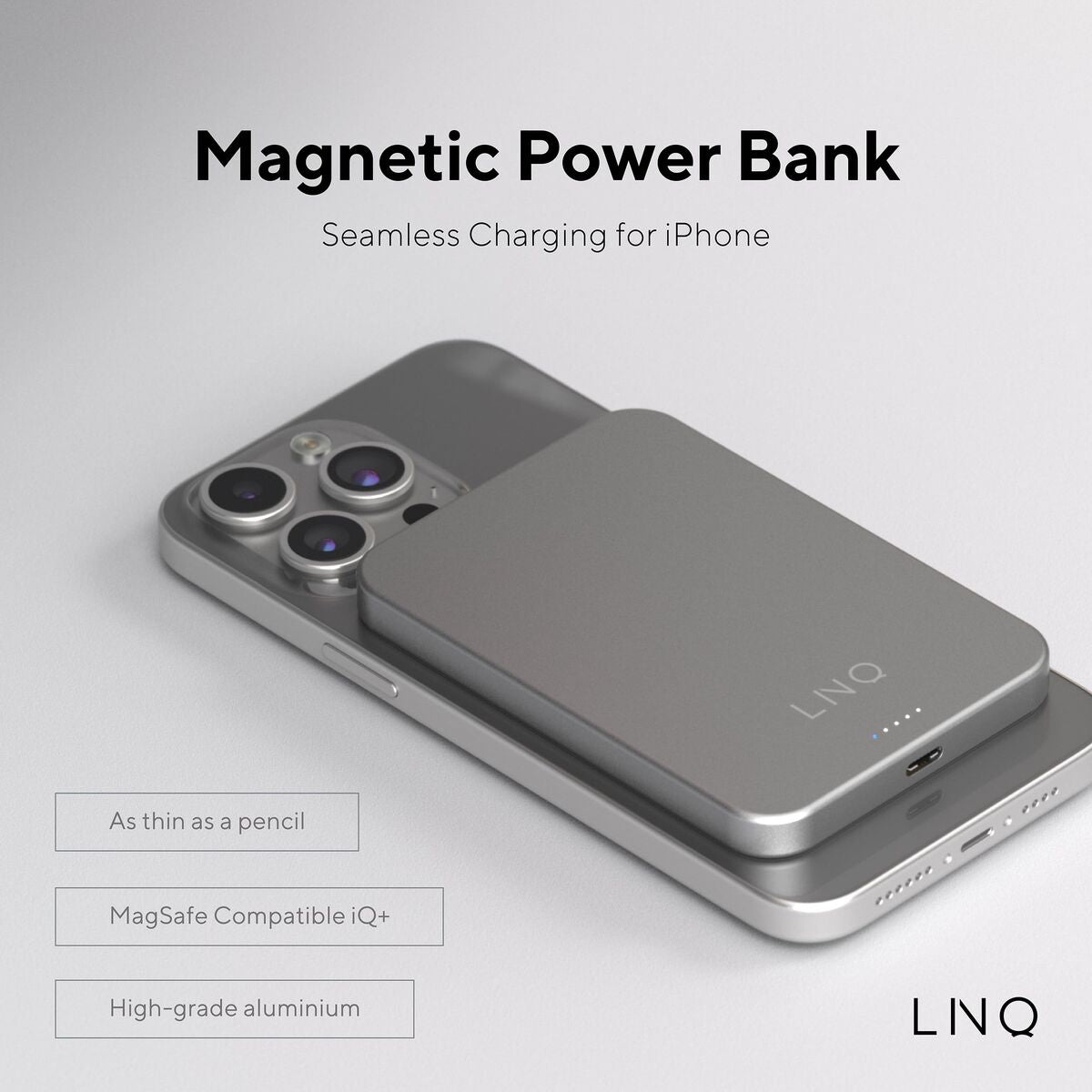 Zijaanzicht van de zilverkleurige Linq Byelements Powerbank met magnetische functie voor iPhone.