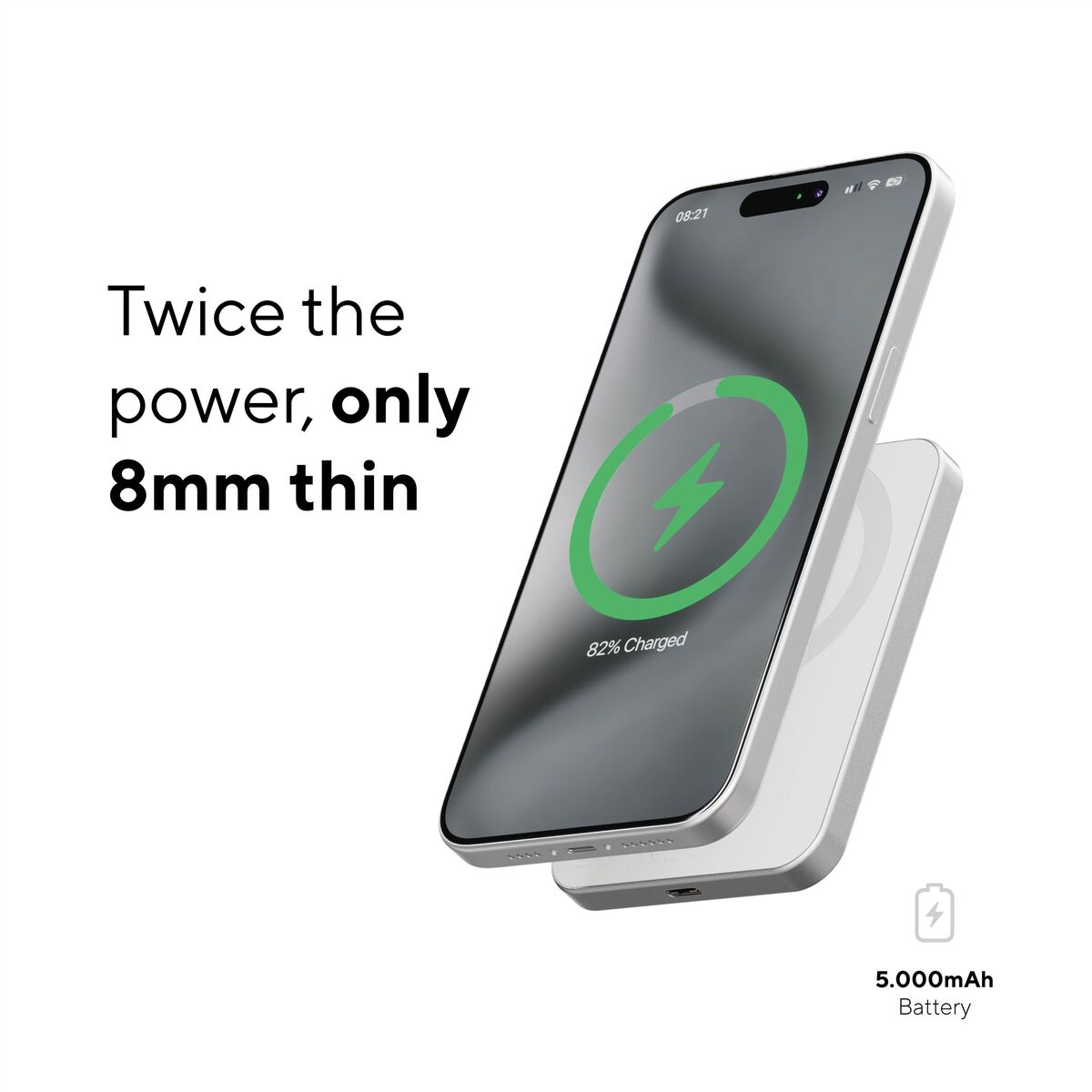 Zijaanzicht van de zilverkleurige Linq Byelements Powerbank, draadloze oplaadfunctie zichtbaar.