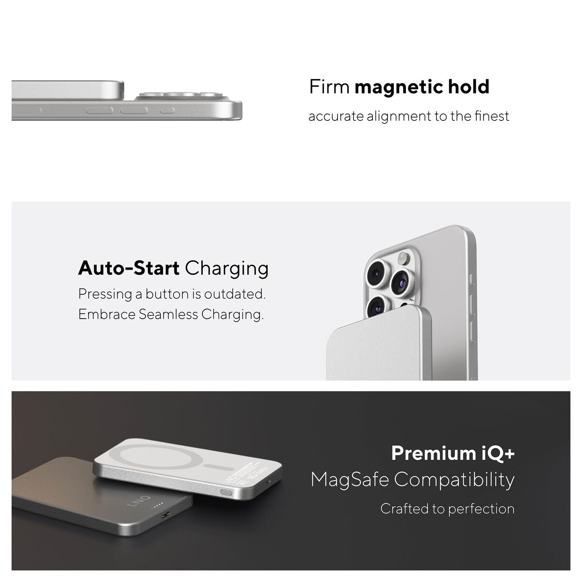 Detail van de Linq Byelements Powerbank 5000 mAh met MagSafe-compatibiliteit en automatische oplaadfunctie.