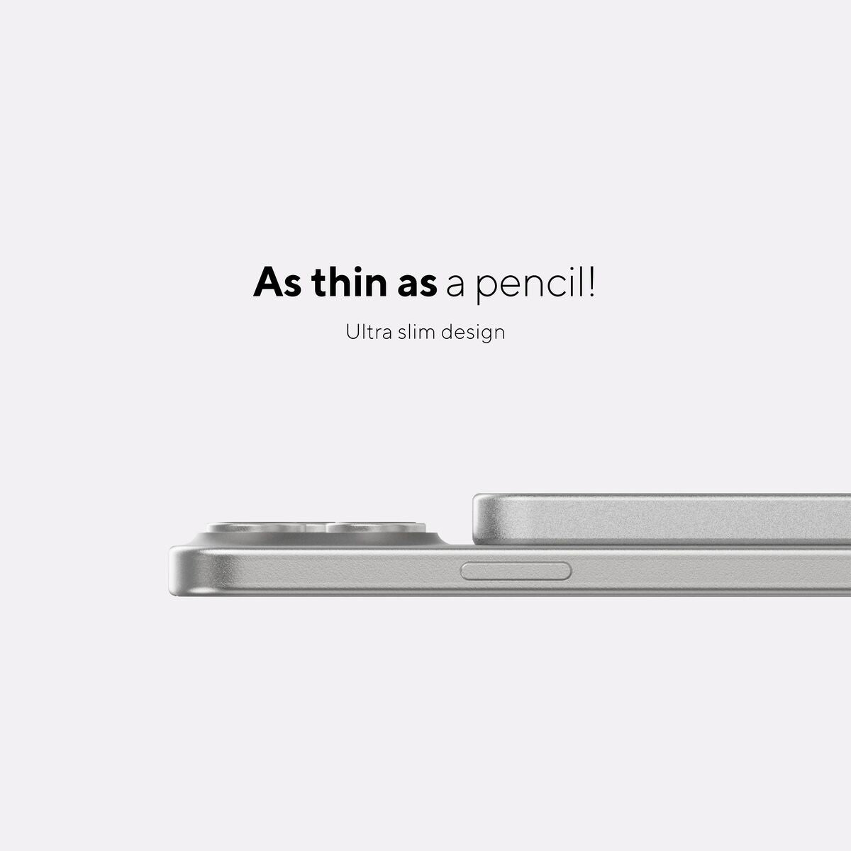 Zijaanzicht van de zilverkleurige Linq Byelements Powerbank met ultra dun ontwerp.