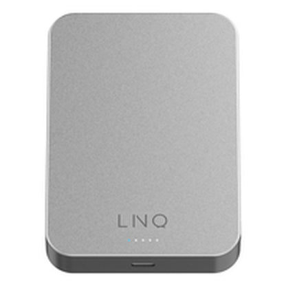 Zijaanzicht van de Linq Byelements Powerbank 10000 mAh in zilver met indicatielampjes.