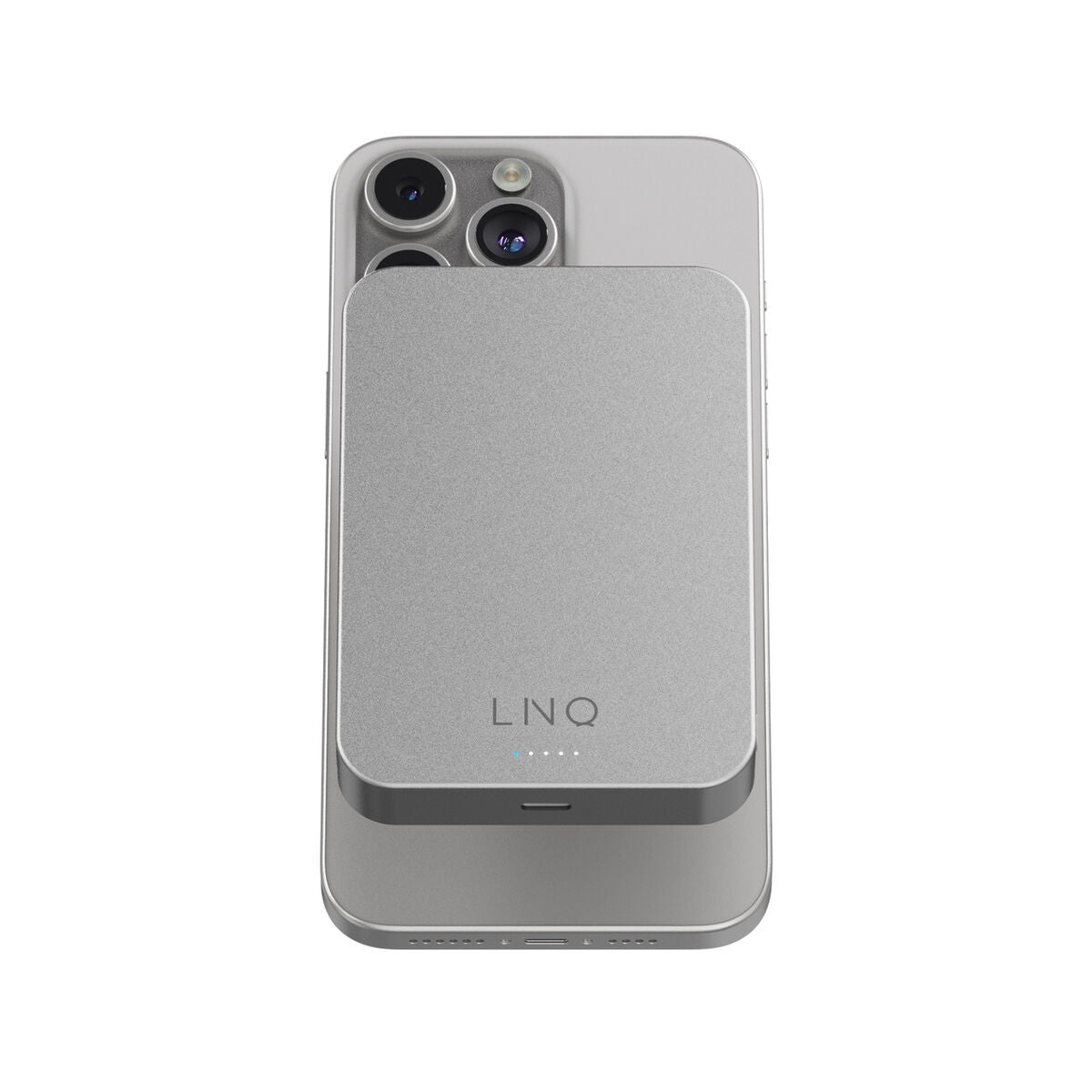 Zijaanzicht van de Linq Byelements powerbank 10000 mAh op een smartphone.