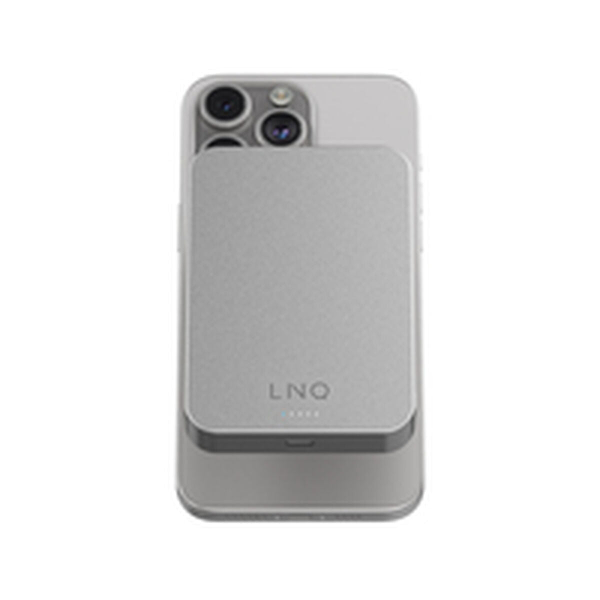 Zijaanzicht van de Linq Byelements powerbank, draadloos opladen op een smartphone.