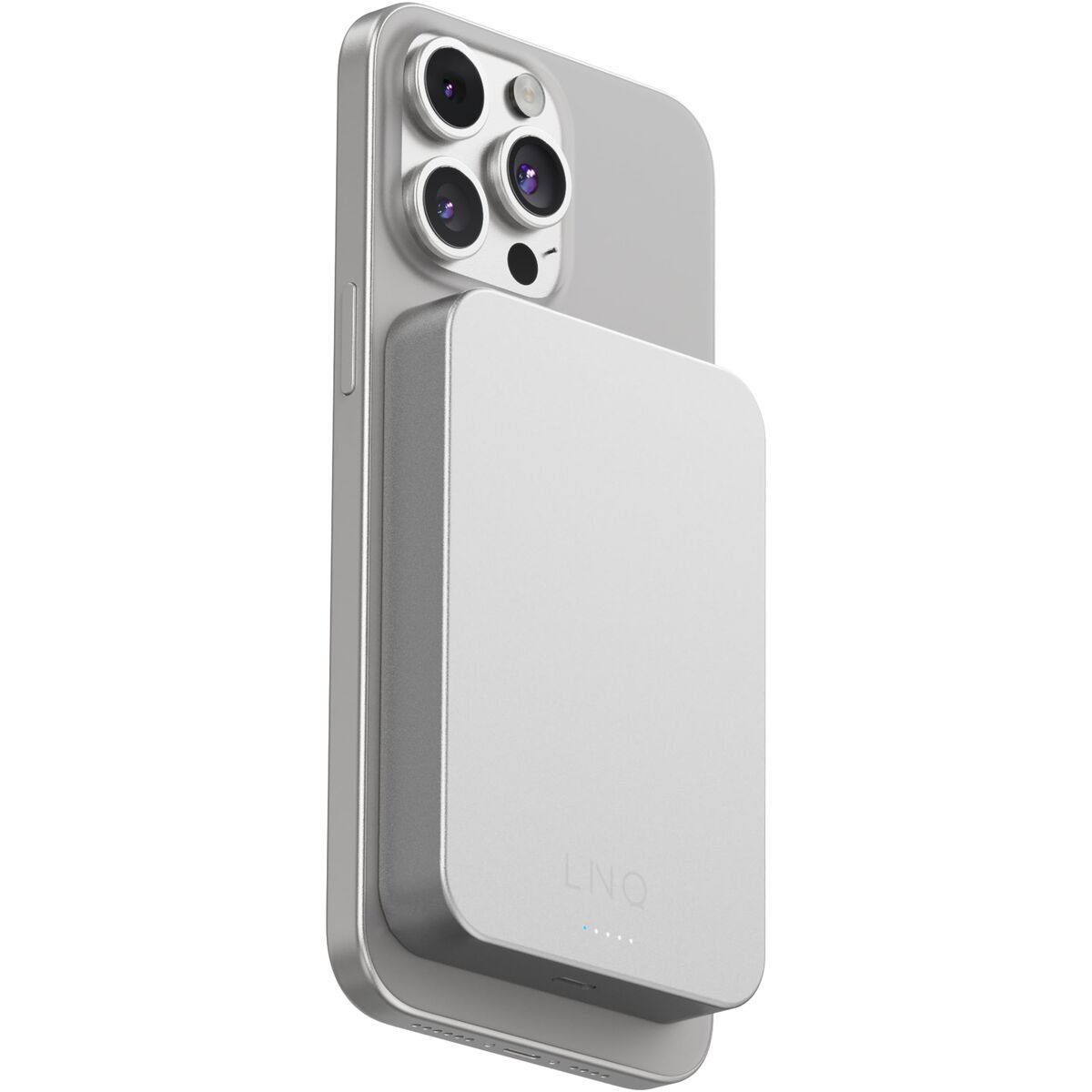 Zijaanzicht van de Linq Byelements Powerbank 10000 mAh, draadloos opladen op een smartphone.