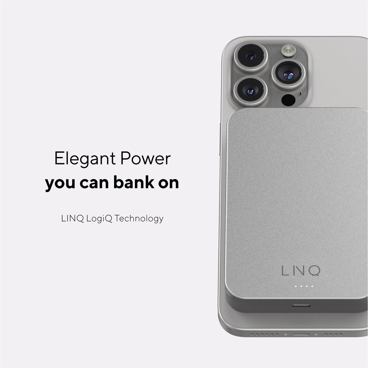 Detail van de Linq Byelements powerbank met LogiQ-technologie, bevestigd op een smartphone.