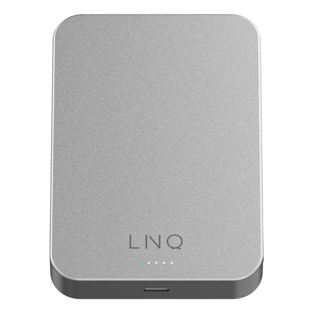 Linq Byelements powerbank 10000 mAh in zilver, bovenaanzicht met indicatorlampjes.