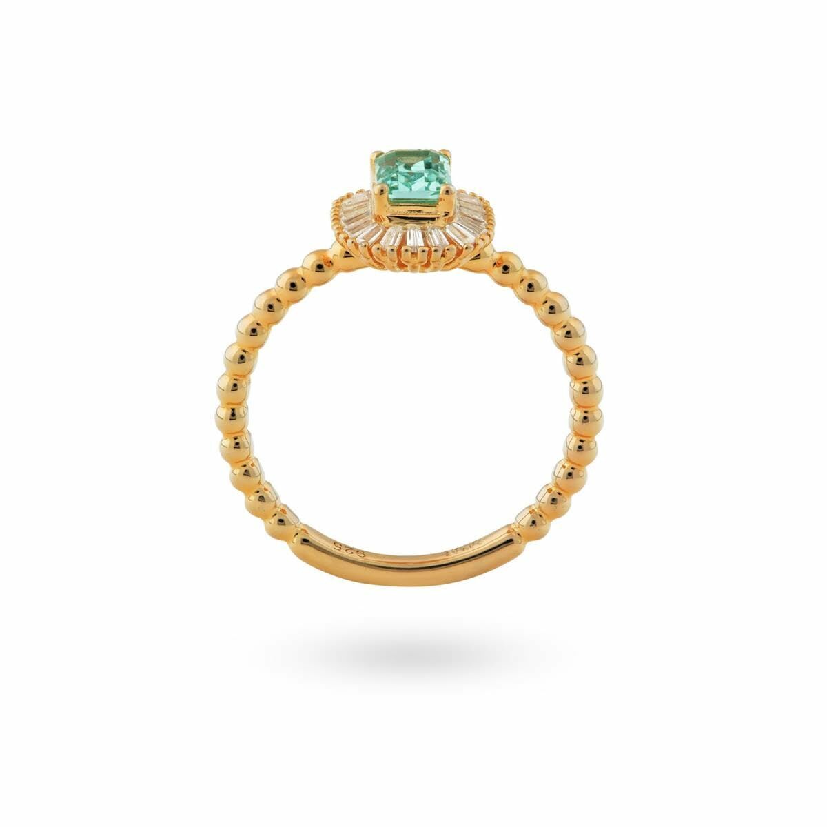 Elegante 24KAE ring voor dames met een groene steen en gedetailleerde gouden band.