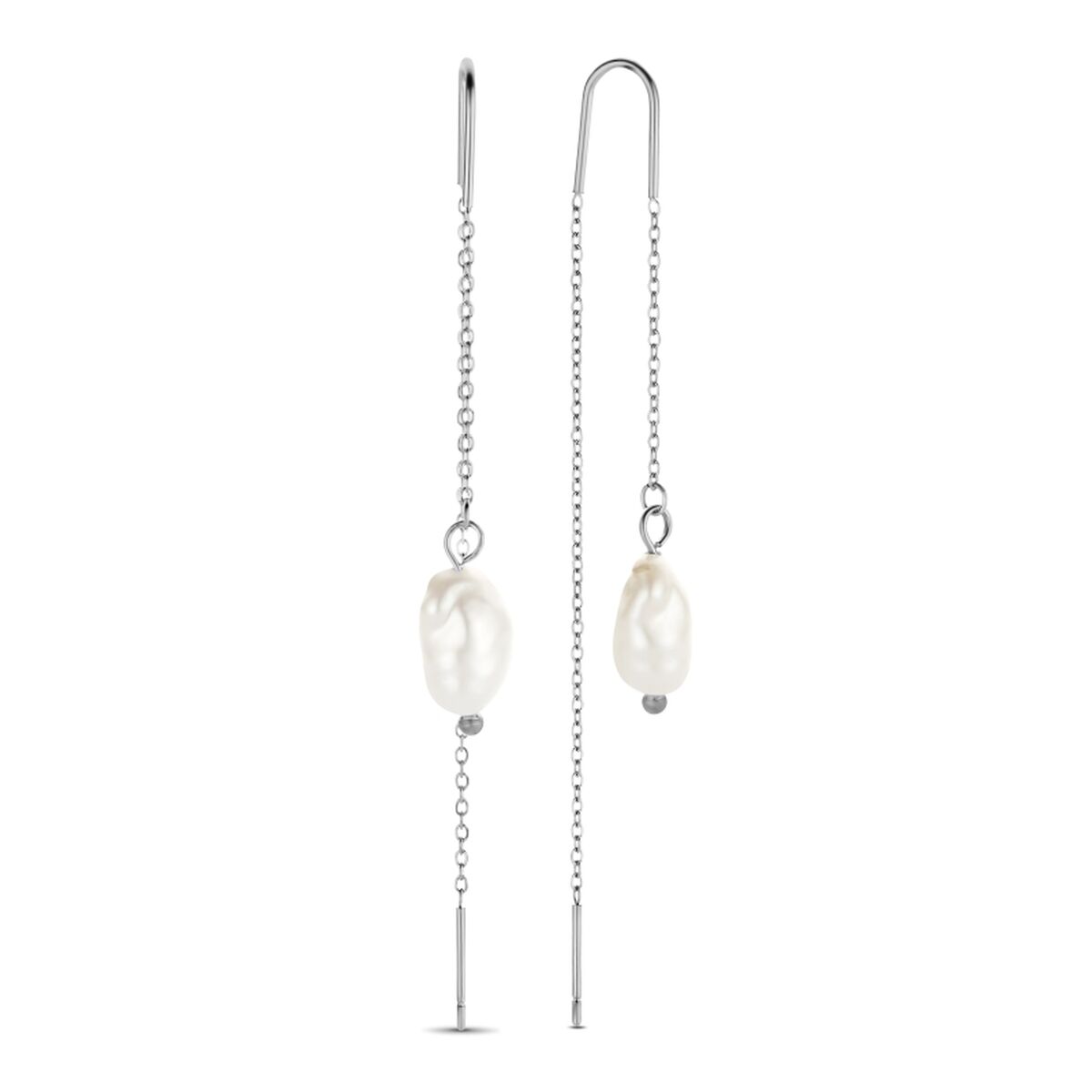 Zilverkleurige CO88 Collection oorbellen met elegante parel, zijaanzicht.