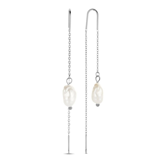 Zilverkleurige CO88 Collection oorbellen met elegante parel, zijaanzicht.
