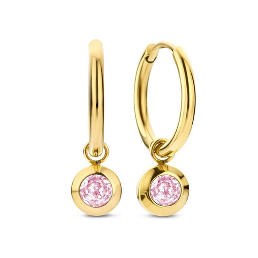 Gouden CO88 Collection oorbellen met roze steen, elegante uitstraling.