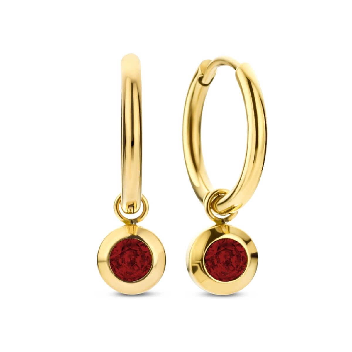 Gouden CO88 Collection oorbellen met een elegante rode steen, vooraanzicht.