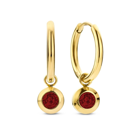 Gouden CO88 Collection oorbellen met een elegante rode steen, vooraanzicht.