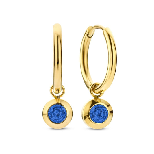 Gouden CO88 Collection oorbellen met blauwe steen, elegant en veelzijdig.