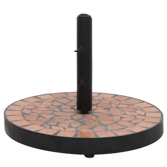 Ronde terracottakleurige parasolvoet van vidaXL met stevig gepoedercoat ijzer en keramische tegels.