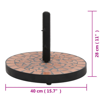 Terracottakleurige vidaXL parasolvoet met keramische tegels, zijaanzicht en afmetingen.