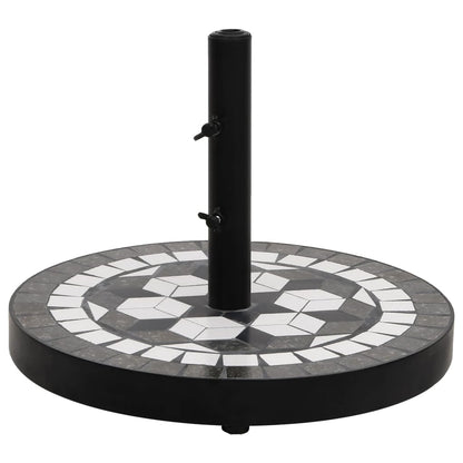 Ronde vidaXL parasolvoet van 12 kg met zwart-witte keramische tegels en verstelbare knoppen.