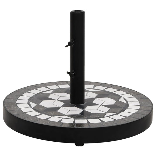 Ronde vidaXL parasolvoet van 12 kg met zwart-witte keramische tegels en verstelbare knoppen.