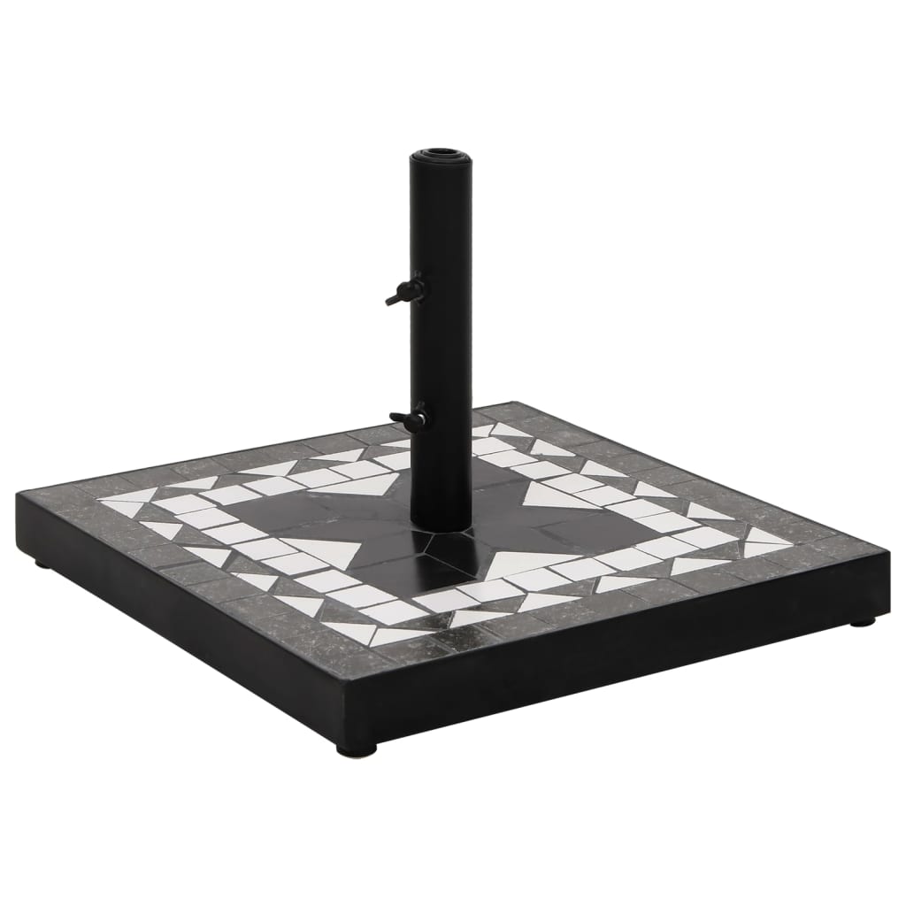Zwarte en witte vidaXL parasolvoet van 12 kg met vierkante basis en decoratief tegeloppervlak.