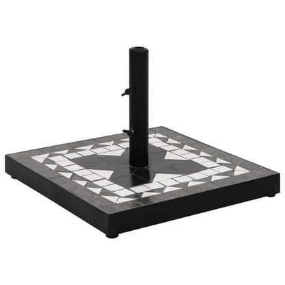 Zwarte en witte vidaXL parasolvoet van 12 kg met vierkante basis en decoratief tegeloppervlak.