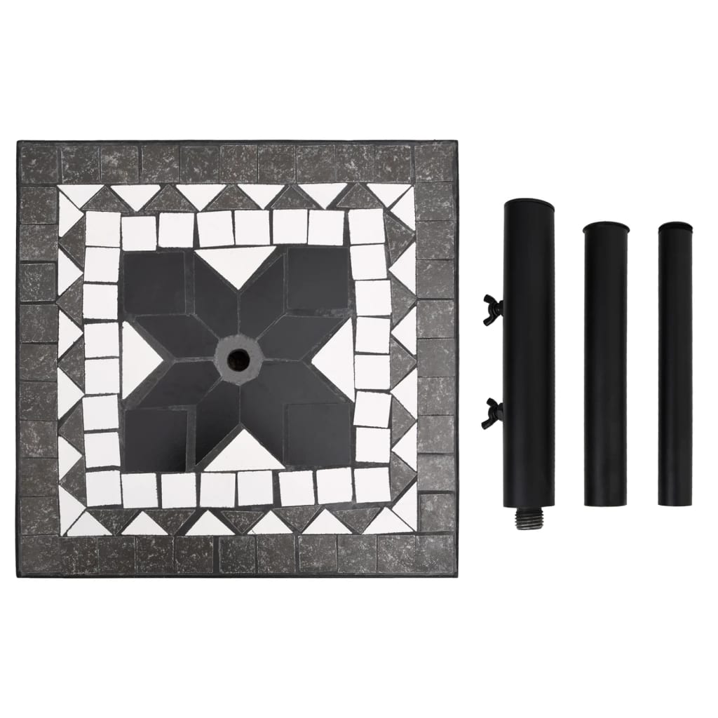 Detail van de vidaXL parasolvoet met zwart-witte tegelafwerking en drie verstelbare buizen.