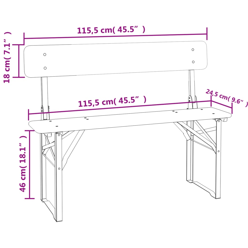 Detail van de inklapbare biertafelset vidaXL met afmetingen van de bank.