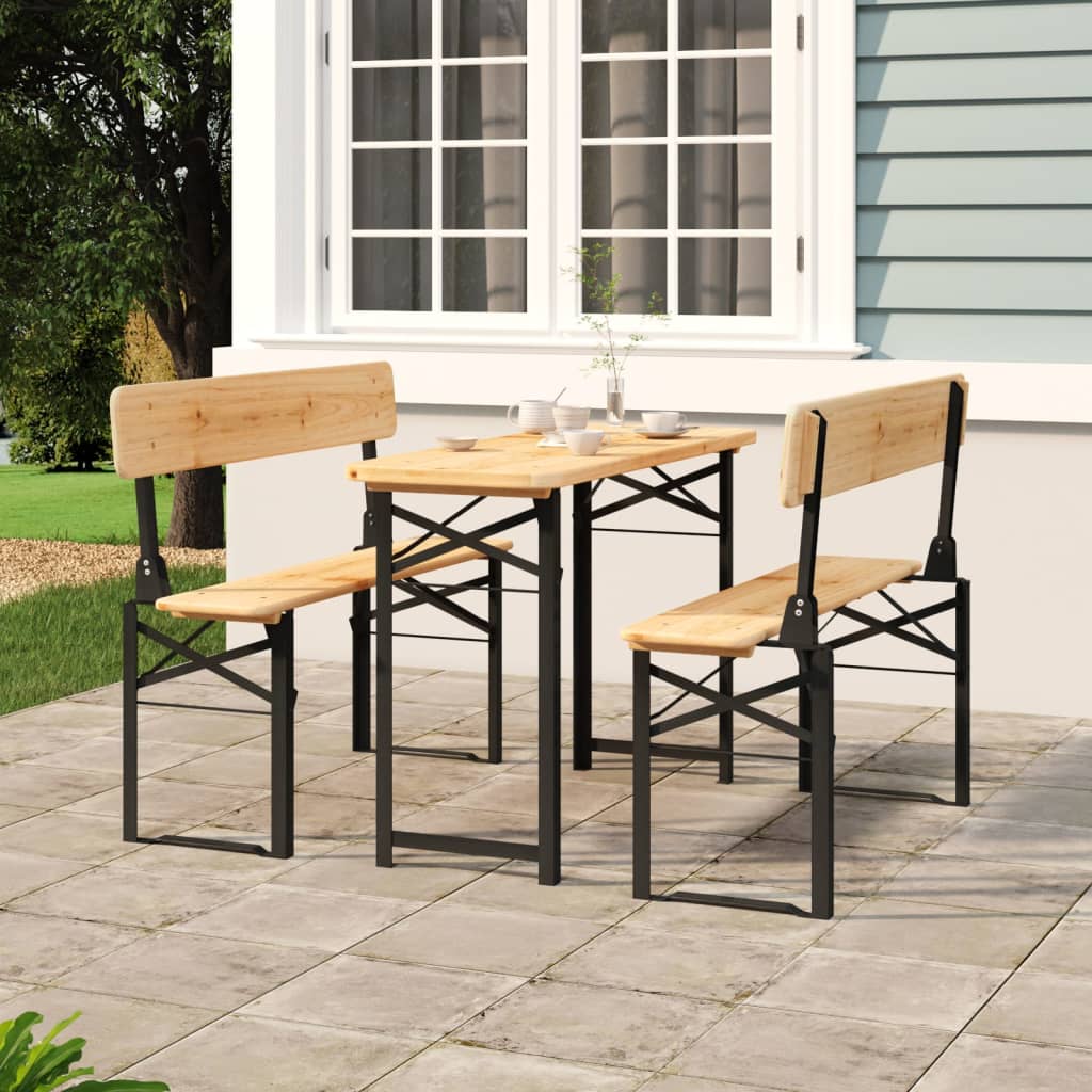 Inklapbare vidaXL biertafelset van massief vurenhout met metalen frame, opgesteld op een terras.