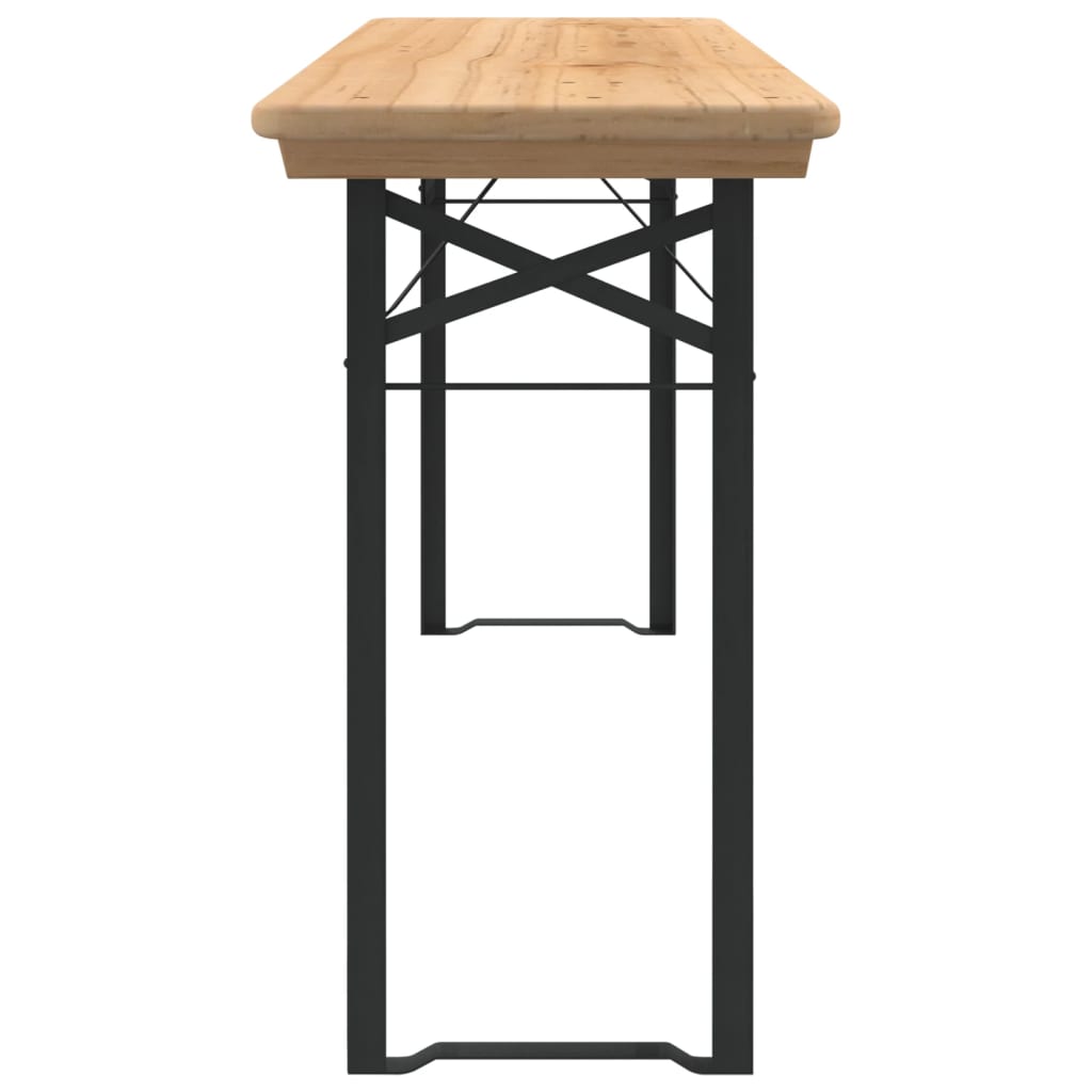 Detail van de biertafelset vidaXL met massief vurenhouten blad en robuust metalen frame, zijaanzicht.