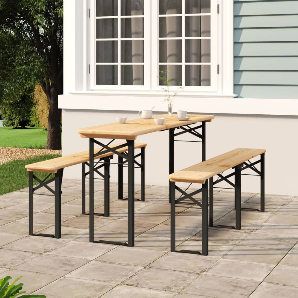 Inklapbare vidaXL biertafelset van massief vurenhout met metalen frame, geplaatst op een terras.