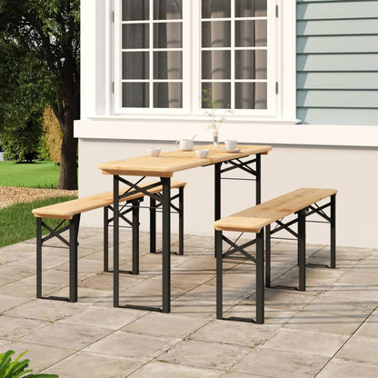 Inklapbare vidaXL biertafelset van massief vurenhout met metalen frame, geplaatst op een terras.