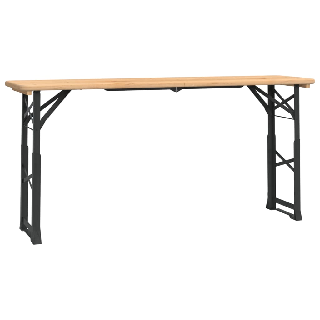 Zijaanzicht van de vidaXL inklapbare biertafel met massief vurenhouten blad en zwart metalen frame.