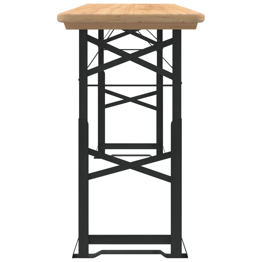 Zijaanzicht van de vidaXL inklapbare biertafel met zwart metalen frame en massief vurenhouten blad.