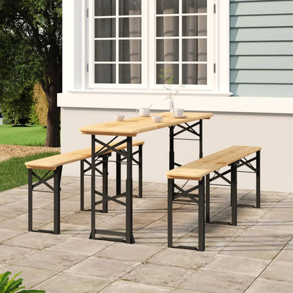 Inklapbare vidaXL biertafel van massief vurenhout met zwart metalen onderstel, buitengebruik.