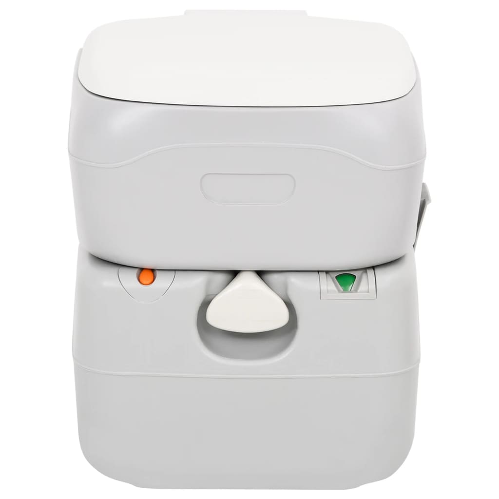 Detail van het vidaXL campingtoilet in grijs en wit, met handvat en niveau-indicator.