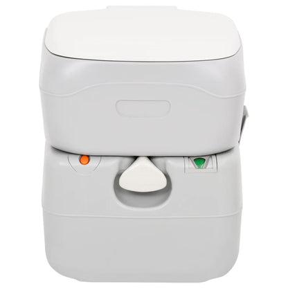 Detail van het vidaXL campingtoilet in grijs en wit, met handvat en niveau-indicator.