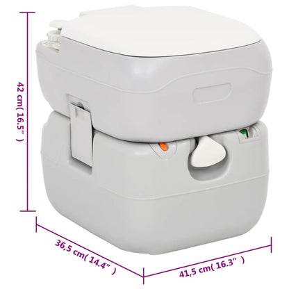 Zijaanzicht van het vidaXL campingtoilet in grijs met afmetingen en handgrepen.