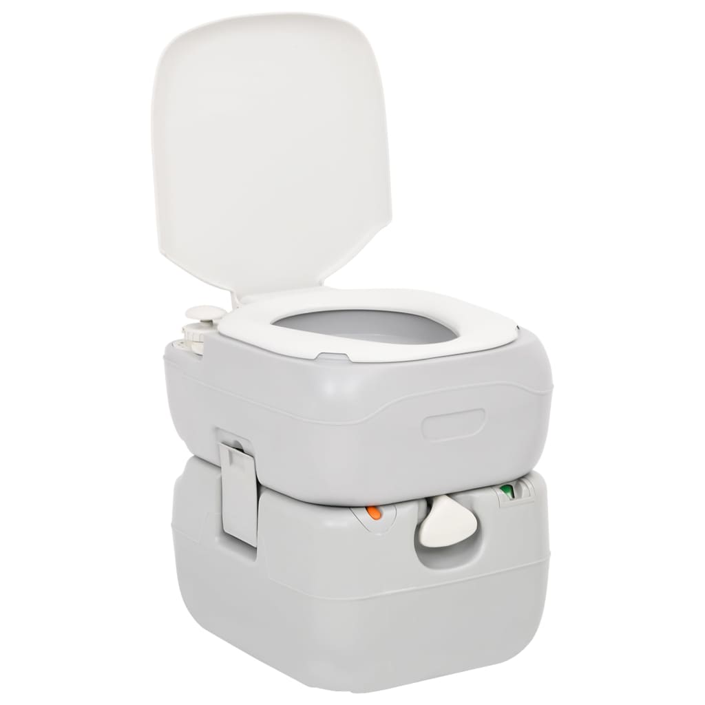Detail van het vidaXL campingtoilet in grijs en wit, met open deksel en zuigpomp.