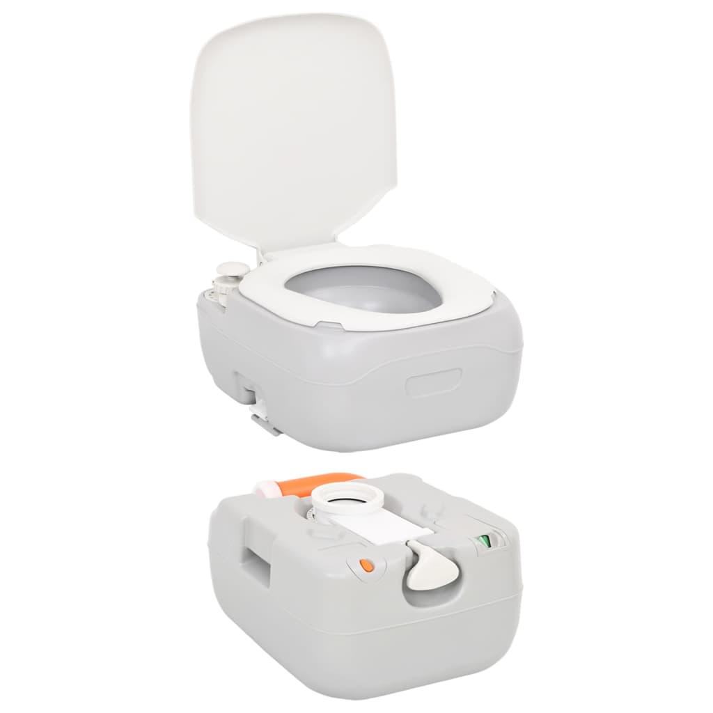 Draagbaar vidaXL campingtoilet in grijs en wit met open deksel en afneembare tank.