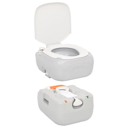 Draagbaar vidaXL campingtoilet in grijs en wit met open deksel en afneembare tank.
