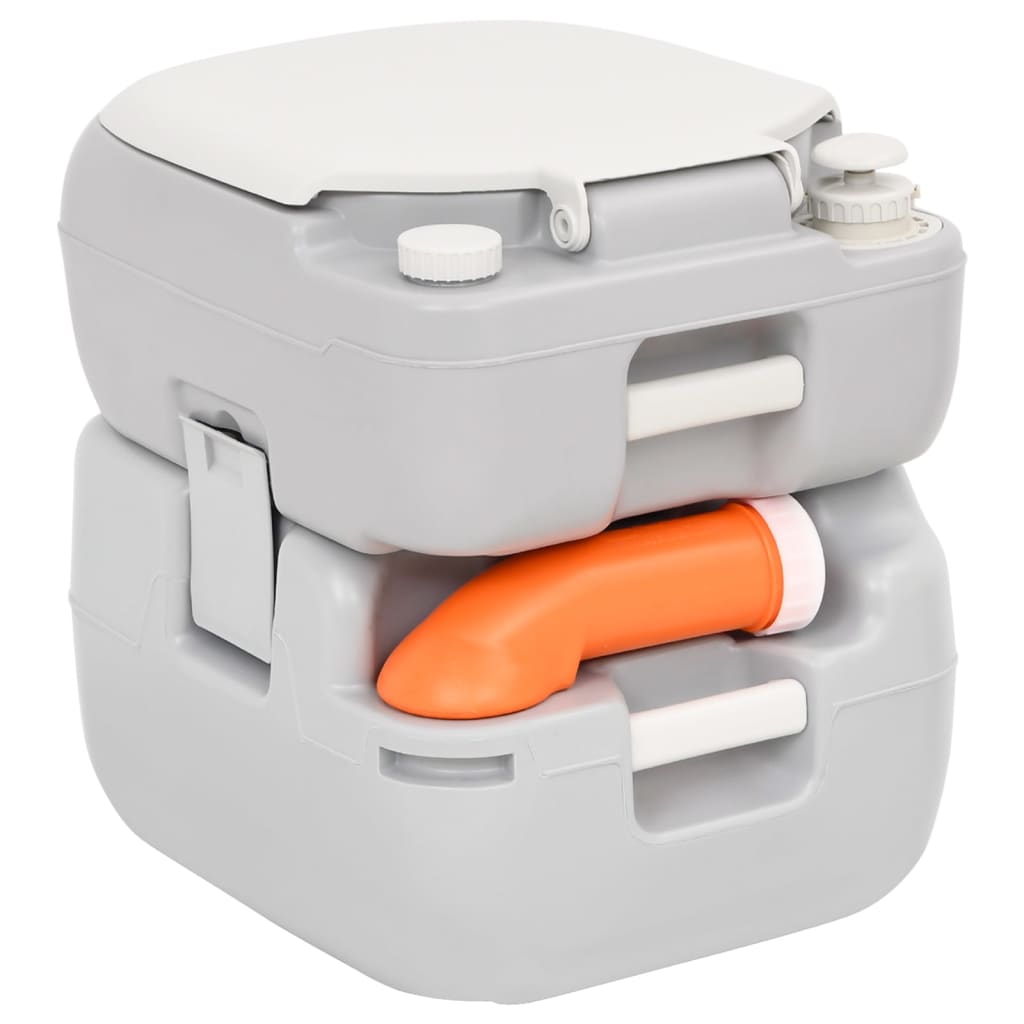 Detail van het vidaXL campingtoilet met oranje afvoersysteem en grijze behuizing.