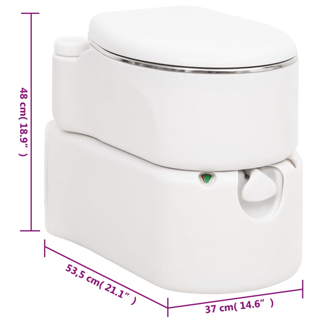 Detail van het vidaXL campingtoilet in wit, zijaanzicht met afmetingen aangegeven.