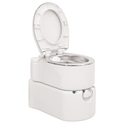 Detail van het vidaXL campingtoilet met open deksel en roestvrijstalen binnenkant.
