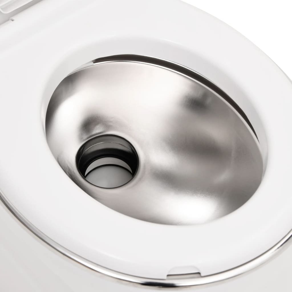 Detail van het roestvrijstalen toiletreservoir van het vidaXL campingtoilet.
