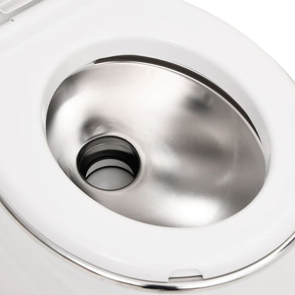 Detail van het roestvrijstalen toiletreservoir van het vidaXL campingtoilet.