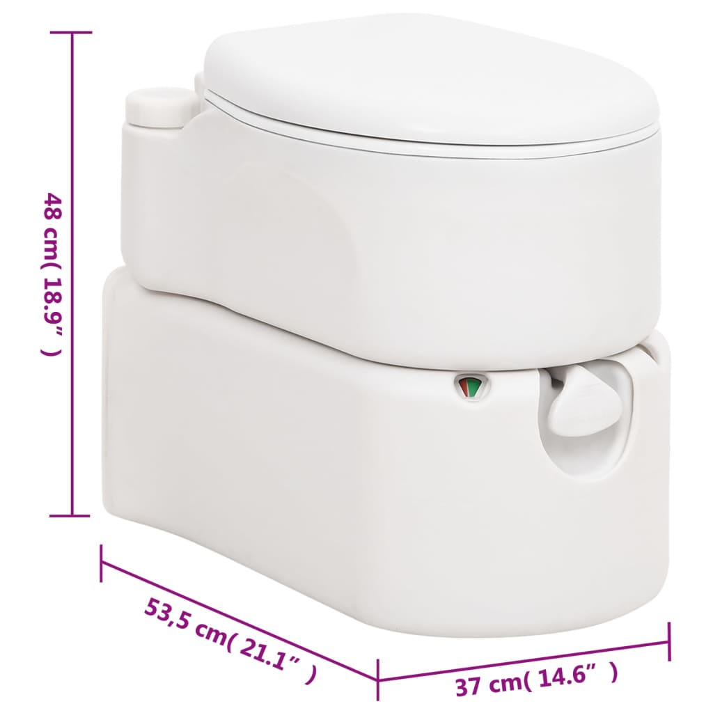 Zijaanzicht van het vidaXL campingtoilet met geïntegreerde spoeling en niveau-indicator.