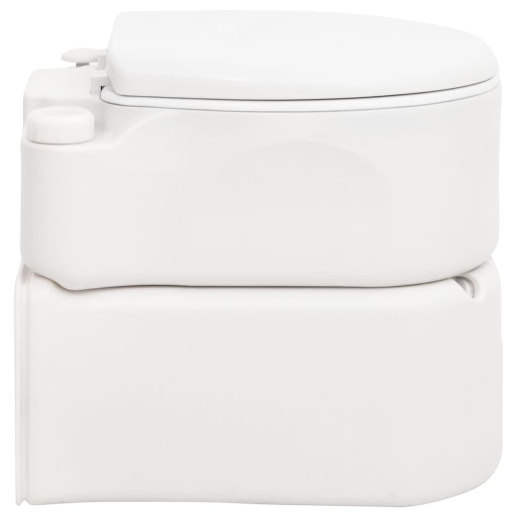 Zijaanzicht van het vidaXL campingtoilet, compact en met een witte afwerking.