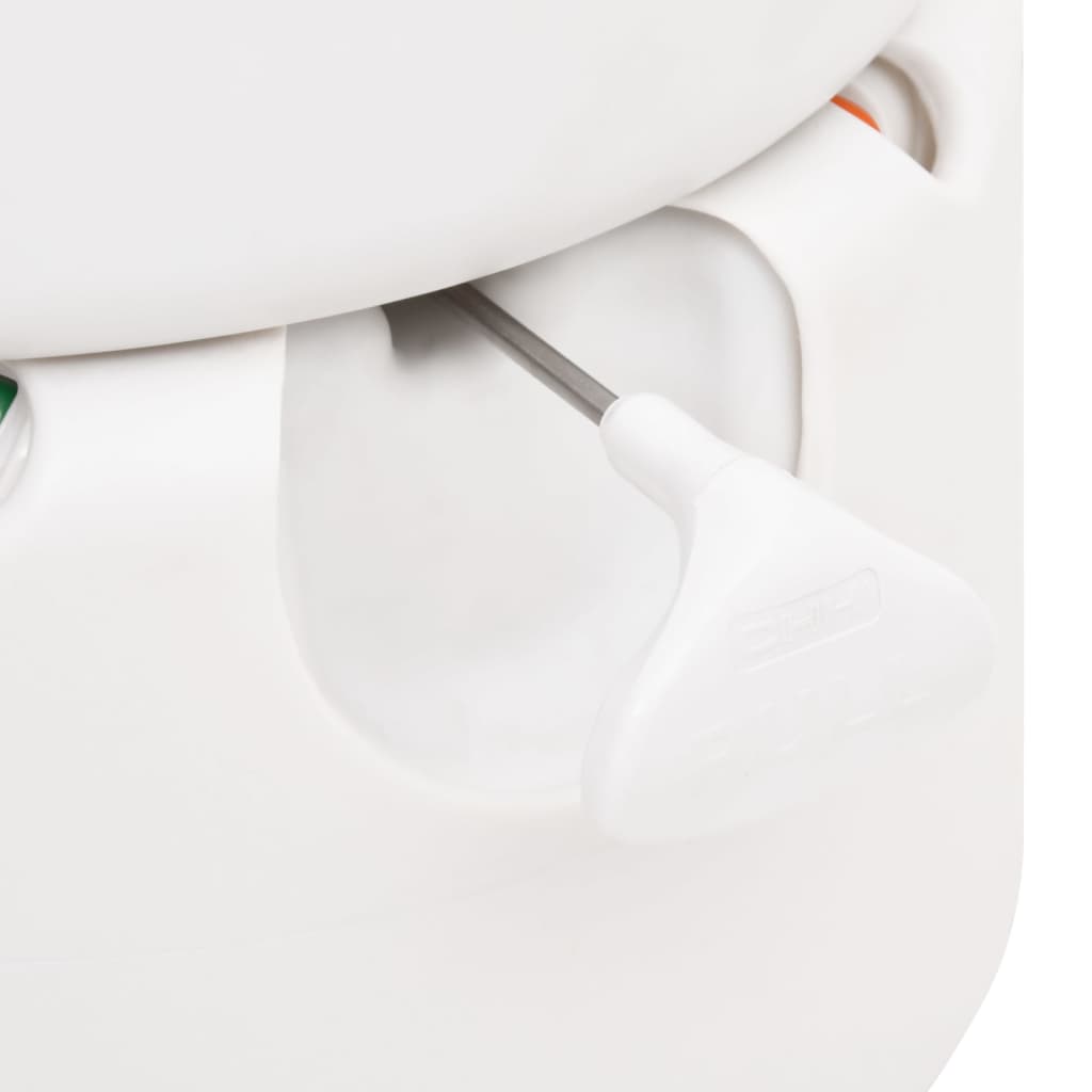 Detail van de draaibare gietmond van het vidaXL campingtoilet met niveau-indicator.